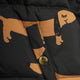 Close-up of a black puffer jacket featuring a tan dachshund graphic print and a gold snap button closure.