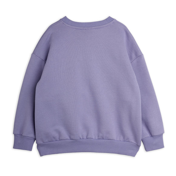 A lavender purple ribbed knit crewneck sweatshirt shown from the back, laid flat against a solid white background.