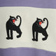 Close-up of a sweatshirt featuring a lavender purple top and bottom band with a wide white center panel. The center panel displays two black panther silhouettes facing each other, with their red tongues sticking out.