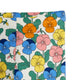 A close-up of a fabric product, likely a curtain panel or pocket panel, featuring a colorful print of pansies on a cream background. The print includes blue, pink, yellow, and orange flowers with green leaves.