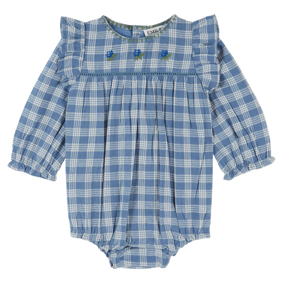 Blue and white checkered baby romper with ruffled shoulders on a white background