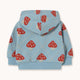 A light blue hooded sweatshirt with an allover red and white mushroom print, shown flat against a solid off-white background.