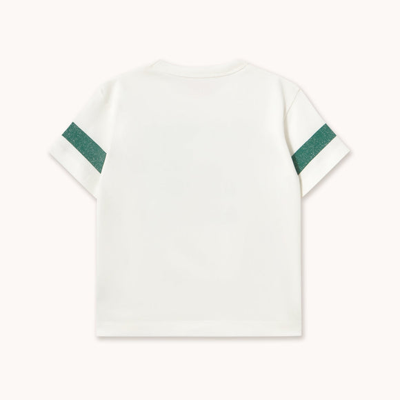 A white short-sleeve t-shirt shown from the back, featuring two dark green stripes on each sleeve, laid flat against a light off-white background.