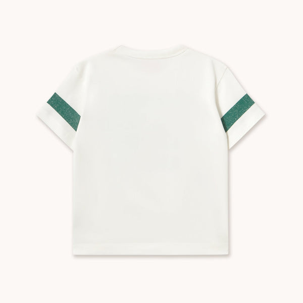 A white short-sleeve t-shirt shown from the back, featuring two dark green stripes on each sleeve, laid flat against a light off-white background.