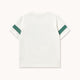 A white short-sleeve t-shirt shown from the back, featuring two dark green stripes on each sleeve, laid flat against a light off-white background.