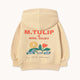 A cream-colored hoodie shown from the back, featuring a colorful graphic print with the text 'M. TULIP & MRS.