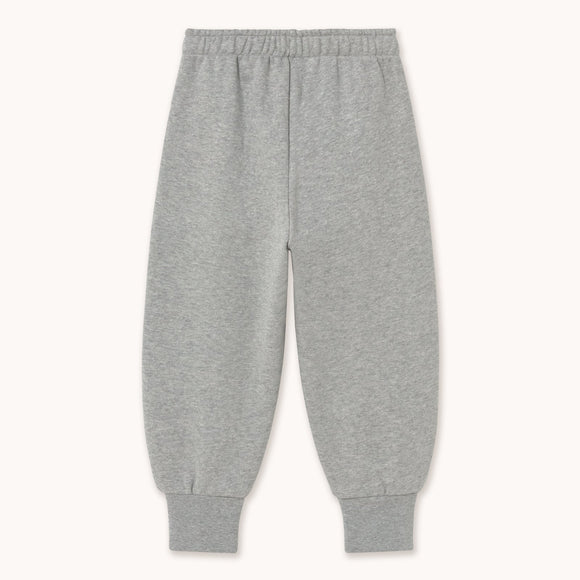 Light gray heathered jogger pants with an elastic waistband and ribbed ankle cuffs, shown flat against a light off-white background.