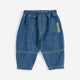 Blue denim pants with a brand logo on a white background