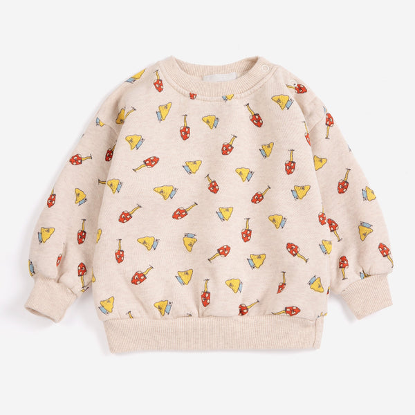 Beige sweatshirt with colorful pattern on a white background