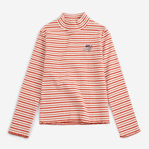 Red and white striped turtleneck sweater on a light gray background