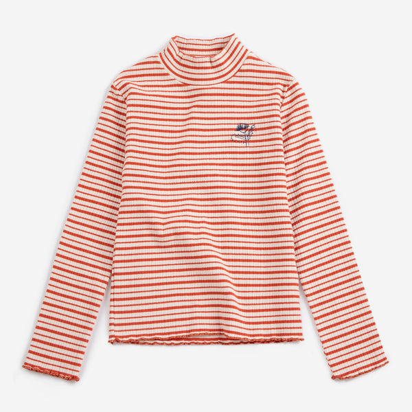 Red and white striped turtleneck sweater on a light gray background