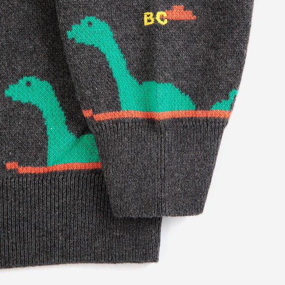 Gray sweater with green dinosaur designs and 'BC' logo on a white background