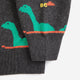 Gray sweater with green dinosaur designs and 'BC' logo on a white background