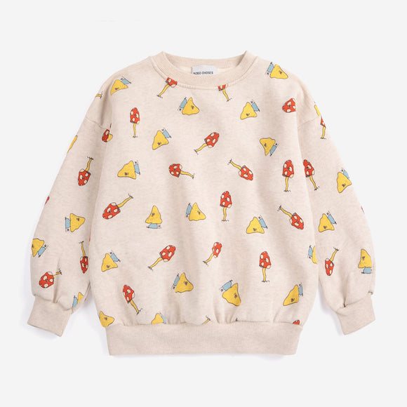 Beige sweatshirt with colorful pattern on a white background