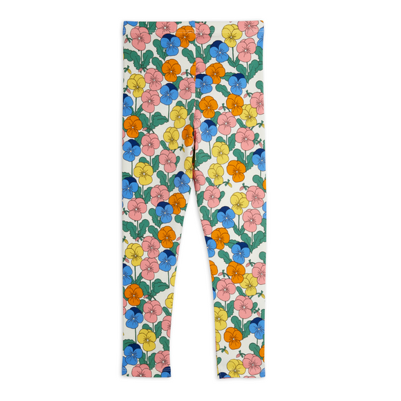 A pair of children's leggings with a colorful floral print on a white background, featuring pink, blue, yellow, and orange flowers with green leaves.