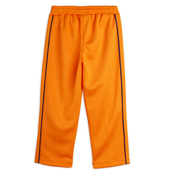 Bright orange athletic pants with black side stripes, shown flat against a white background.