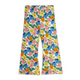 A pair of wide-leg pants featuring a colorful floral print on a white base, with blue, pink, yellow, and orange flowers and green leaves.