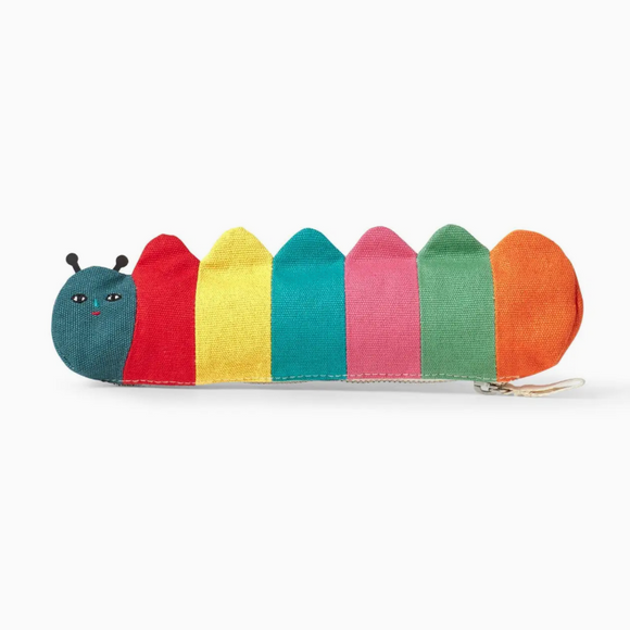 A fabric pencil case shaped like a caterpillar, featuring a blue-gray head with embroidered eyes and antennae, and six colorful segmented bodies in red, yellow, teal, pink, green, and orange, with a silver zipper pull on a white background.