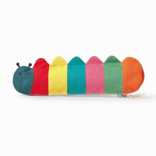 A fabric pencil case shaped like a caterpillar, featuring a blue-gray head with embroidered eyes and antennae, and six colorful segmented bodies in red, yellow, teal, pink, green, and orange, with a silver zipper pull on a white background.