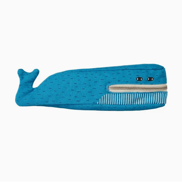 A blue whale-shaped zipper pouch with a textured fabric body, embroidered details, and a silver zipper on the mouth, shown against a plain white background.
