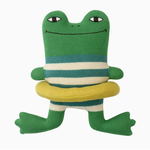 A plush frog toy made from green knit socks, featuring horizontal stripes in teal and cream on the torso, a yellow ring around the waist, and embroidered eyes and a smile.