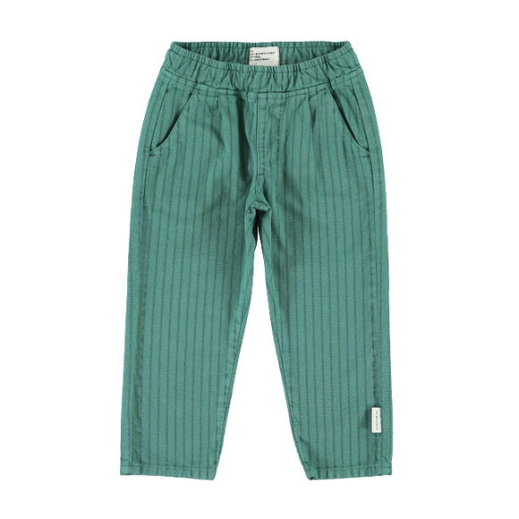 Green pinstriped pants with an elastic waistband, displayed flat against a white background.