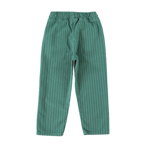 A pair of green corduroy pants with a vertical striped texture, featuring an elastic waistband, shown against a plain white background.