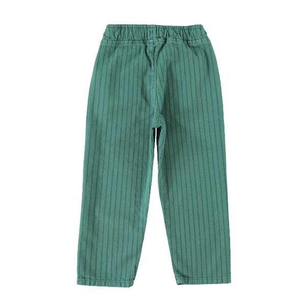 A pair of green corduroy pants with a vertical striped texture, featuring an elastic waistband, shown against a plain white background.