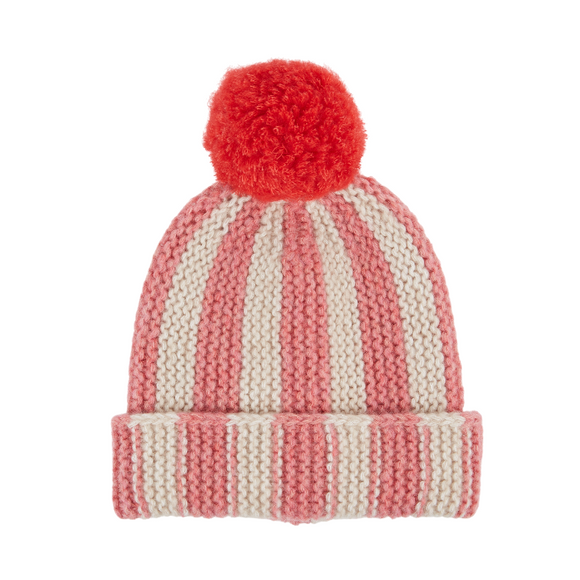 A pink and off-white striped knit beanie hat with a red pom-pom on top, shown against a plain white background.
