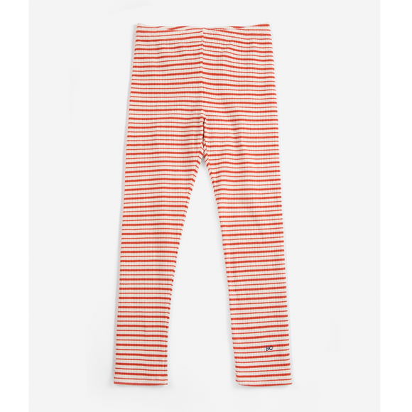 A pair of children's leggings with thin horizontal red and white stripes, laid flat against a light gray background.