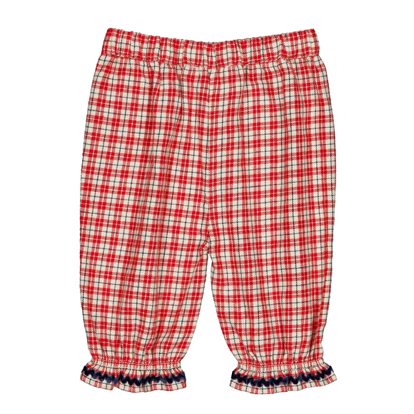 Red and white plaid baby bloomers with elastic waistband and ruffled cuffs, shown flat on a white background.