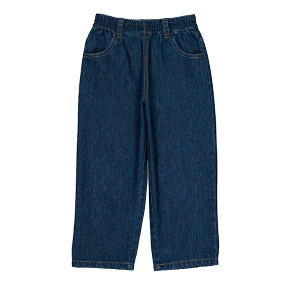 A pair of dark blue denim cropped pants with an elastic waistband, displayed flat against a solid white background.