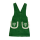 A green corduroy pinafore apron with two front pockets featuring white embroidered floral designs and white lace trim, shown flat on a white background.