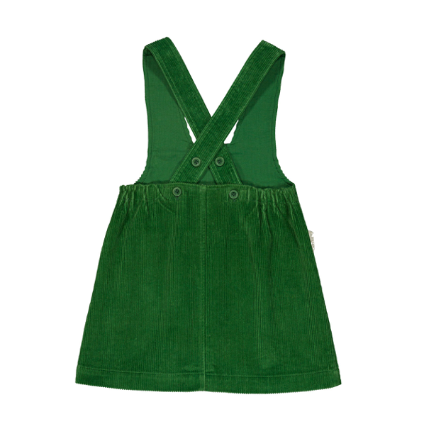 A green corduroy baby overall dress with adjustable shoulder straps and a buttoned bib closure, shown flat on a white background.