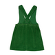 A green corduroy baby overall dress with adjustable shoulder straps and a buttoned bib closure, shown flat on a white background.