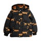 A black hooded puffer jacket with an allover tan dachshund print, featuring gold-tone snap buttons and ribbed cuffs.