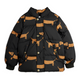 A black puffer jacket with an all-over tan dachshund dog print, featuring a snap-button front and a hood, shown against a plain white background.