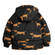 A black hooded puffer jacket shown from the back, featuring an all-over tan dachshund dog print on a plain white background.