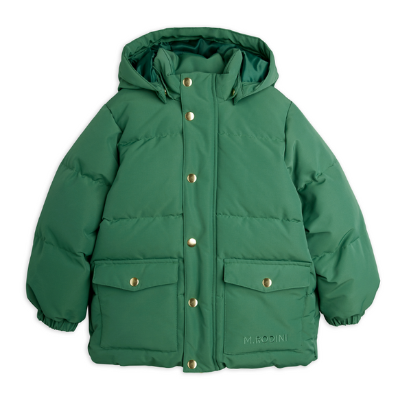 A green hooded puffer jacket with gold snap buttons and two front flap pockets, photographed flat against a white background.