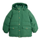 A green hooded puffer jacket with gold snap buttons and two front flap pockets, photographed flat against a white background.