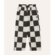 Black and off-white checkered cropped pants with an elastic waistband and side pockets, shown flat against a light beige background.