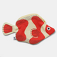 A fish-shaped fabric zippered pouch with a red and cream tropical fish pattern, featuring black line details and a small white tag with an anchor logo.