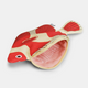 A fish-shaped fabric pouch with a red and cream pattern, featuring a zipper closure and a pink interior lining, shown on a light gray background.