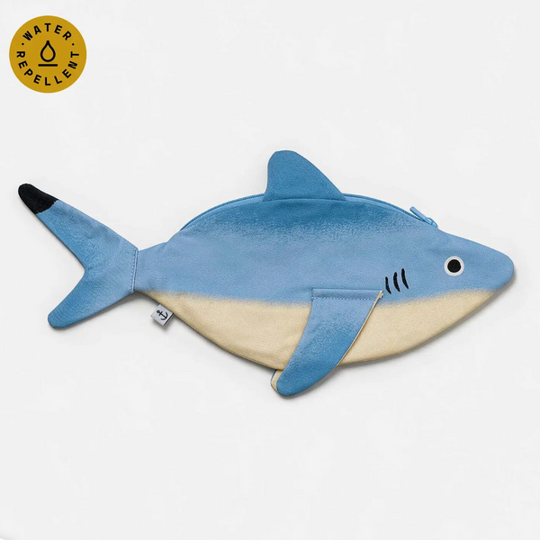 A plush shark-shaped zippered pouch in light blue and cream, shown on a plain white background with a small circular 'Water repellent' badge in the top-left corner.