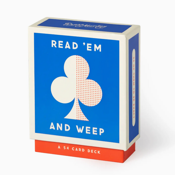 A boxed card deck labeled 'READ 'EM AND WEEP' with a blue front panel, white text and club symbol, and an orange-red base. The box is photographed on a clean white background.