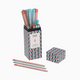 A Games Room with Family pencil holder set featuring a tall patterned box filled with pastel-colored pencils, a matching small box, and three loose pencils on a light gray background.
