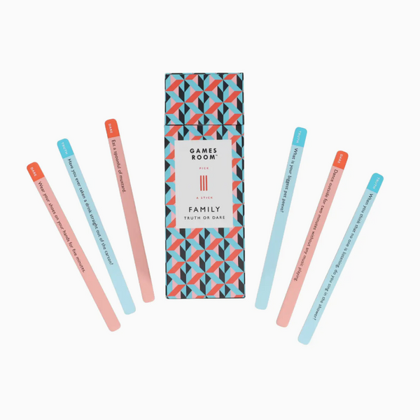 Games Room Family Truth or Dare set with a patterned box and six colored sticks (orange, pink, and light blue) on a light gray background.