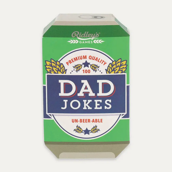 A 3D box mockup for a card game called 'Dad Jokes' by Ridley's Games. The box is designed to look like a green beer can with a blue and white central label that reads 'DAD JOKES'.