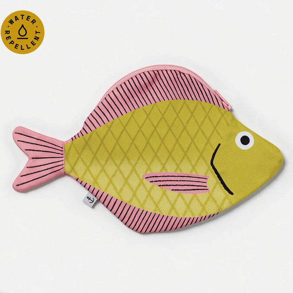 A fish-shaped water repellent fabric pouch in olive green and pink, shown on a plain white background with a gold circular 'Water Repellent' badge in the top-left corner.