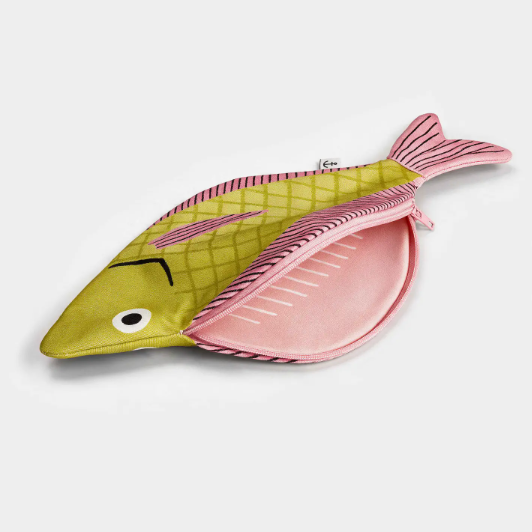 A fish-shaped zipper pouch made of shiny olive green fabric with pink striped edges and a pink interior, shown on a light gray background.